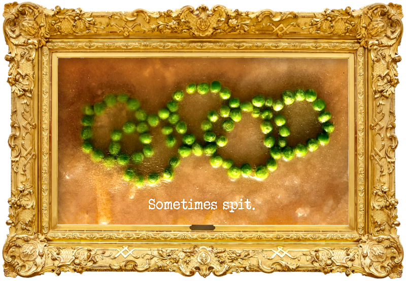 Photo of a some garden peas frozen in an arrangement resembling the Olympic rings (referencing the 'Win the Pealympics task'), with the episode title, 'Sometimes spit', superimposed on it.
