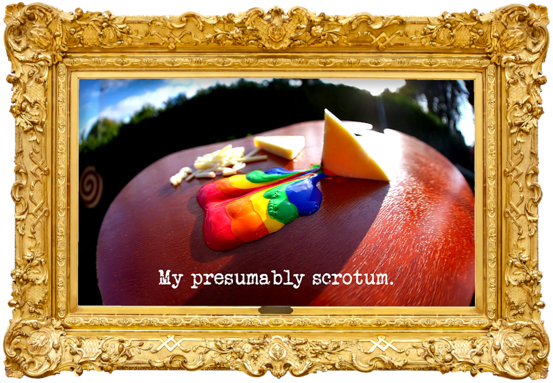 Photo of some cheese and a rainbow of poster paint on an artist's palette in the garden of the Taskmaster house (referencing the 'Answer the cheese phone' and 'Paint a picture of the Taskmaster and his assistant having fun' tasks), with the episode title, 'My presumably scrotum', superimposed on it.