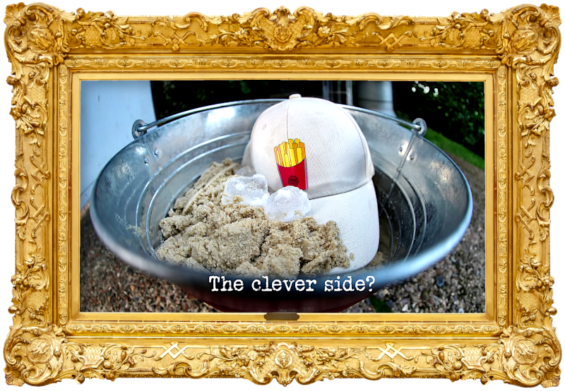 Photo of a some ice cubes, some sand, and a baseball cap featuring an image of some french fries in a metal bucket (referencing the 'Completely fill the yellow box with sand' and 'Provide the best drive-through experience' tasks), with the episode title, 'The clever side?', superimposed on it.