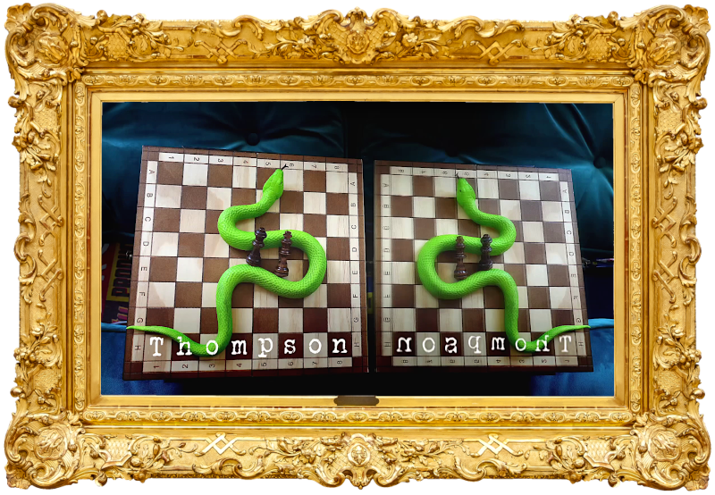 Photo of a green plastic toy snake and two chess pieces on a chess board, and their reflections in a mirror (referencing the 'Make a little model of the Chesham United mascot', 'Discover the name of the person in the lab', and 'Win a game of Snakes & Steps' tasks), with the episode title, 'Thompson', superimposed across the squares of the bottom row of the chessboard (and also reflected in the mirror).