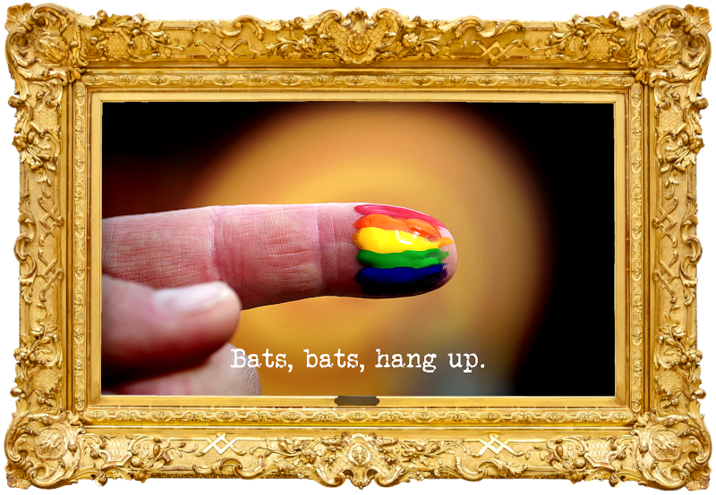 Close-up photo of someone's index finger with a rainbow of paints on its tip (referencing the 'Do an accurate finger painting of the person on the phone' task), with the episode title, 'Bats, bats, hang up', superimposed on it.