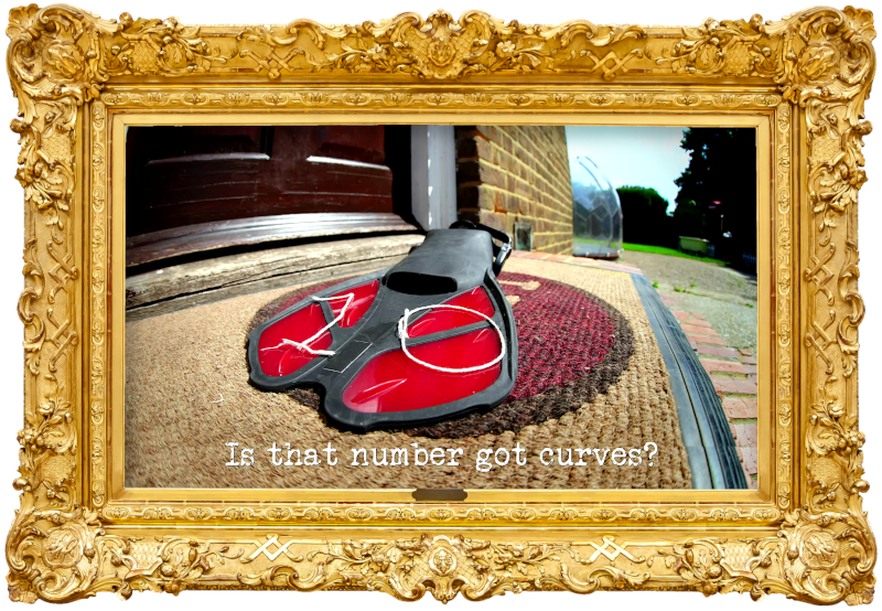 Image of a flipper laid on the doormat of the Taskmaster house with the number 10 arranged upon it in string (referencing the 'Cut a single string to cause the greatest effect', 'Communicate an autobiographical 10-word story to the Taskmaster', and 'Wear the flippers correctly' tasks), with the episode title, 'Is that number got curves?', superimposed on it.