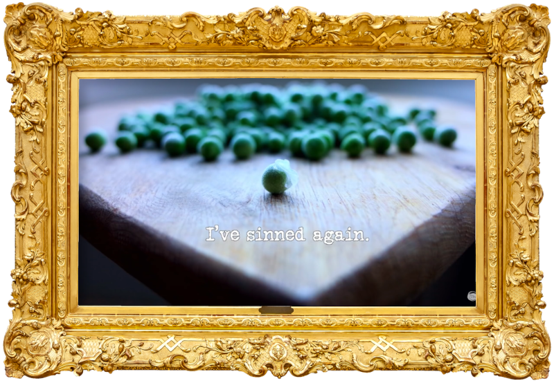 Image of loose frozen peas on a wooden surface (a reference to the 'Find out what’s in the briefcase' task), with the episode title, 'I’ve sinned again', superimposed on it.