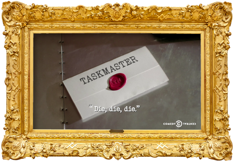Image of a task brief laid on a metallic surface, with the episode title, 'Die, Die, Die', superimposed on it.