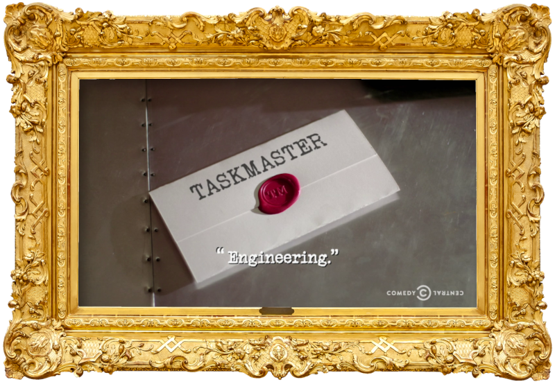 Image of a task brief laid on a metallic surface, with the episode title, 'Engineering', superimposed on it.
