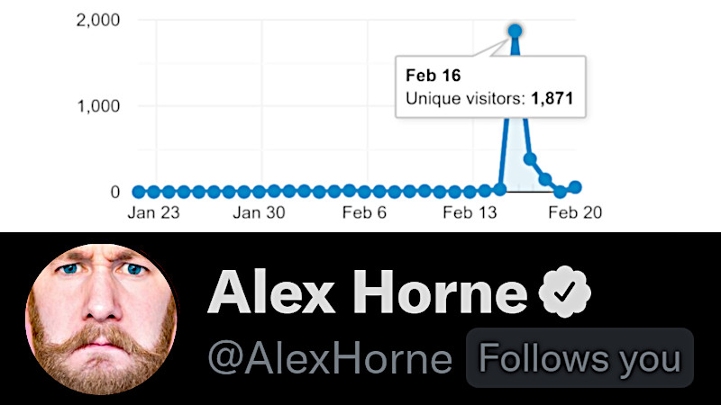 Image showing the total number of visitors received by the site on its launch day, and an indicator on Twitter that Alex Horne had followed the site's account.