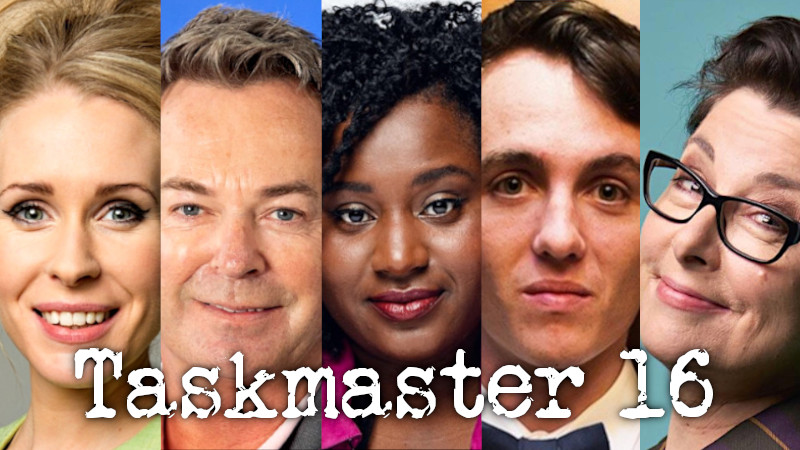 Photo collage of the contestants for series 16 of Taskmaster UK: Lucy Beaumont, Julian Clary, Susan Wokoma, Sam Campbell, and Sue Perkins.