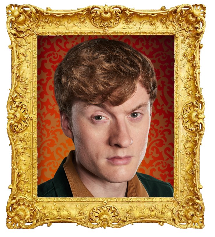 Headshot photo of James Acaster surrounded with an ornate golden frame.