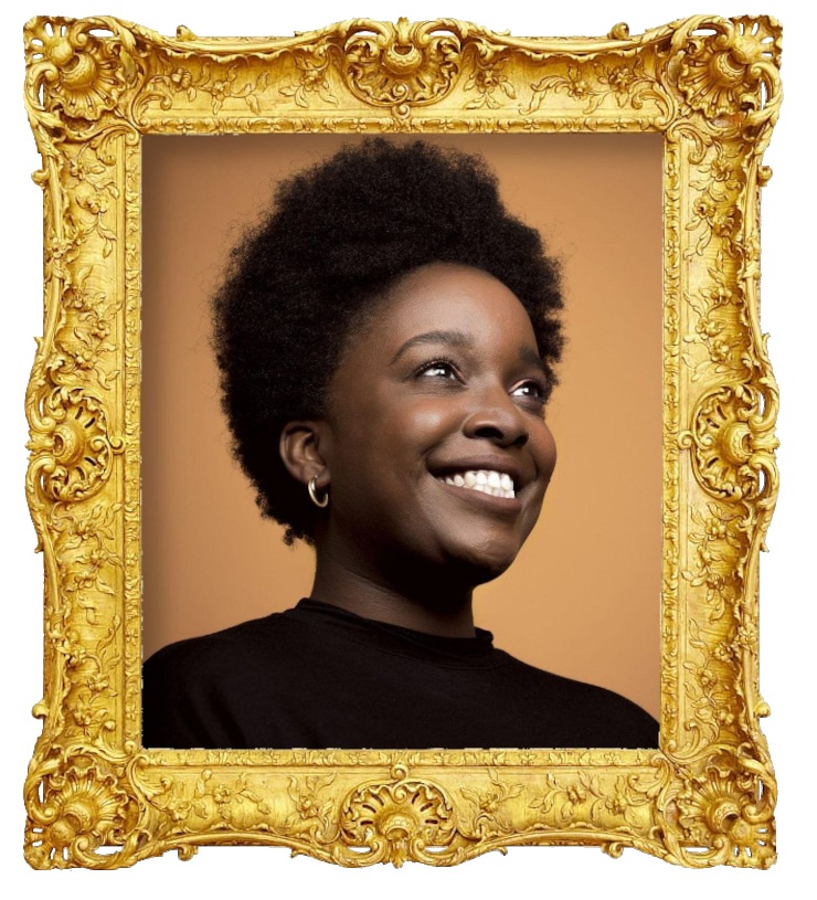 Headshot photo of Lolly Adefope surrounded with an ornate golden frame.