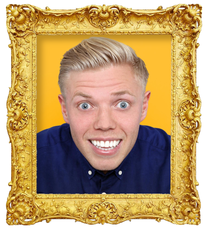 Headshot photo of Rob Beckett surrounded with an ornate golden frame.