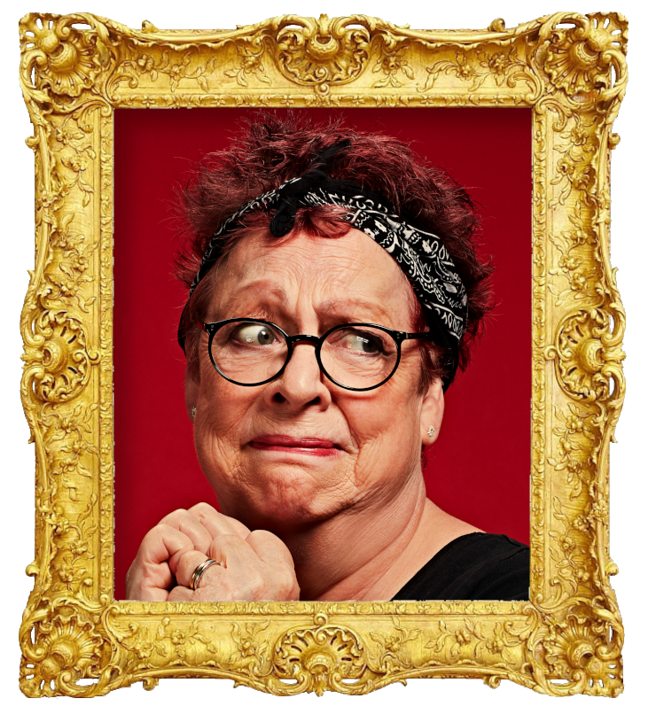 Headshot photo of Jo Brand surrounded with an ornate golden frame.