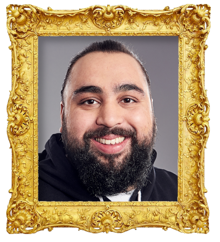 Headshot photo of Asim Chaudhry surrounded with an ornate golden frame.