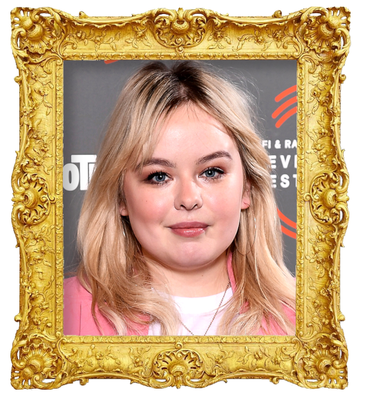 Headshot photo of Nicola Coughlan surrounded with an ornate golden frame.