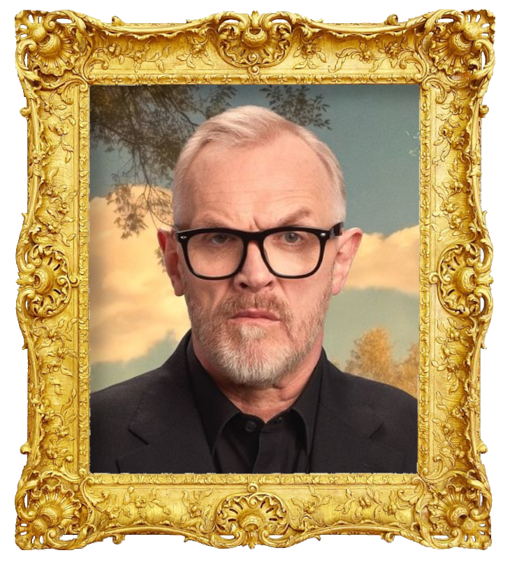 Headshot photo of Greg Davies surrounded with an ornate golden frame.