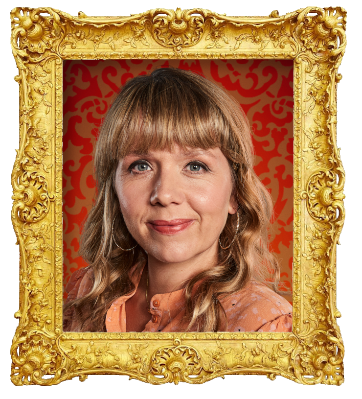 Headshot photo of Kerry Godliman surrounded with an ornate golden frame.