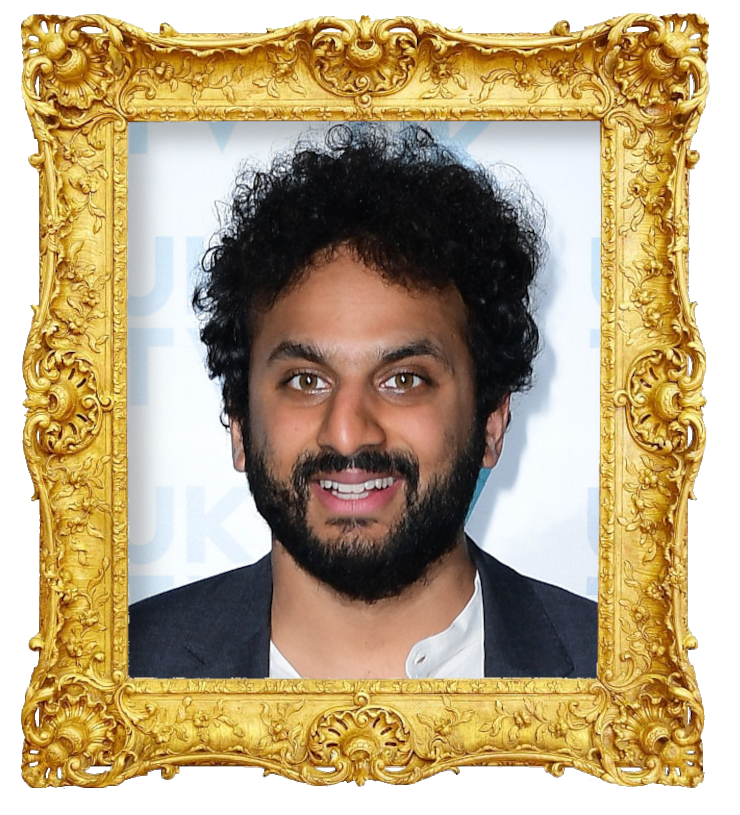 Headshot photo of Nish Kumar surrounded with an ornate golden frame.