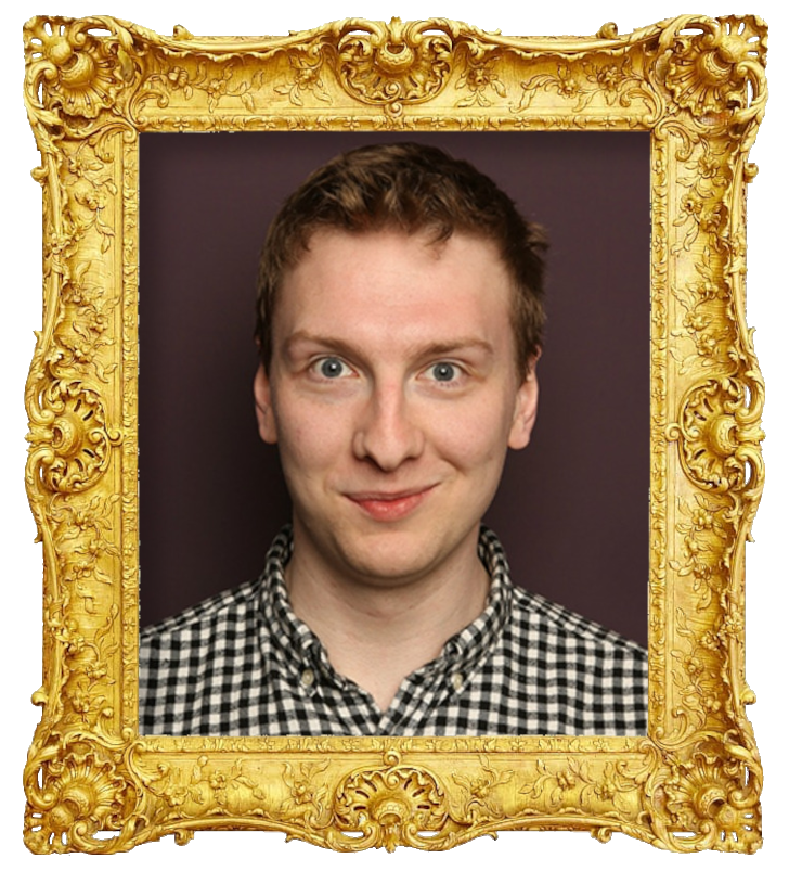 Headshot photo of Joe Lycett surrounded with an ornate golden frame.