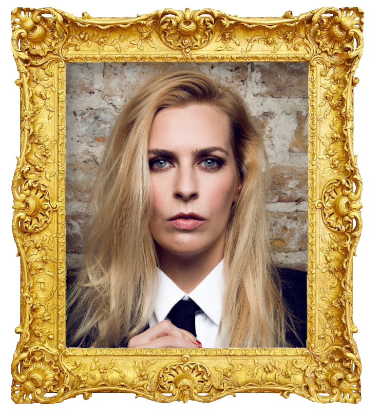 Headshot photo of Sara Pascoe surrounded with an ornate golden frame.