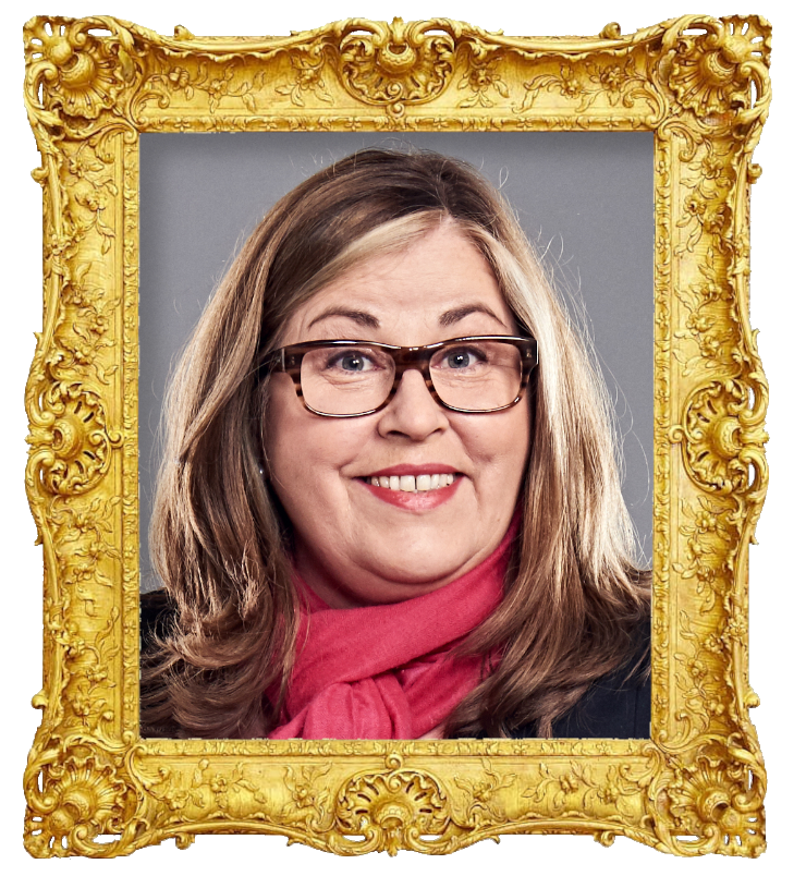 Headshot photo of Liza Tarbuck surrounded with an ornate golden frame.
