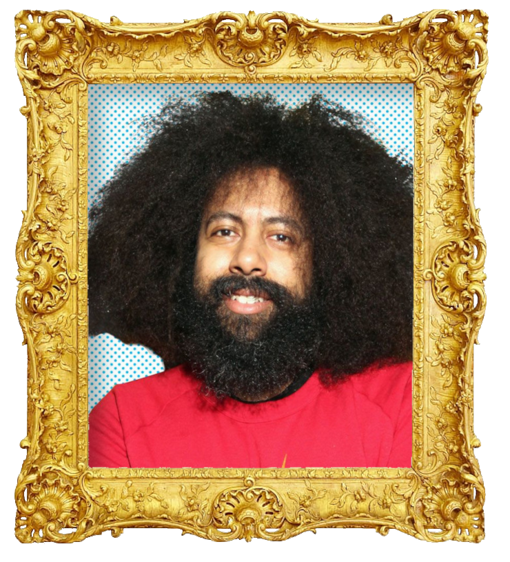 Headshot photo of Reggie Watts surrounded with an ornate golden frame.