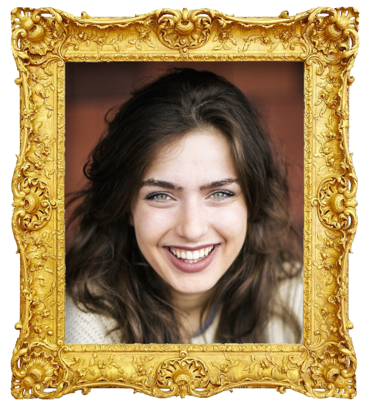 Headshot photo of Olga Leyers surrounded with an ornate golden frame.