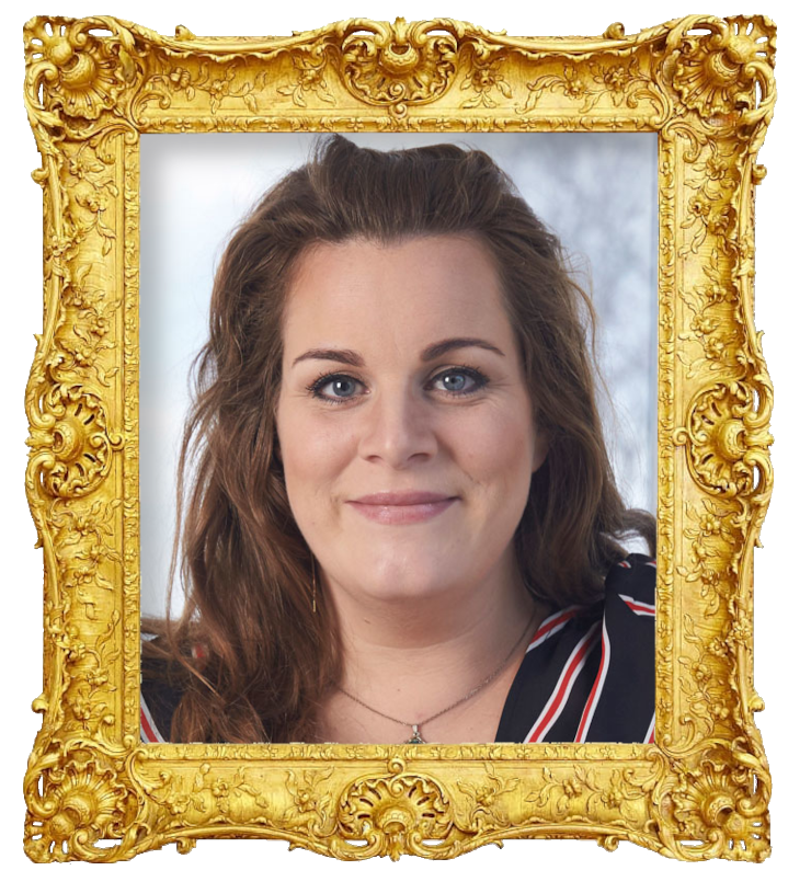 Headshot photo of Lise Baastrup surrounded with an ornate golden frame.