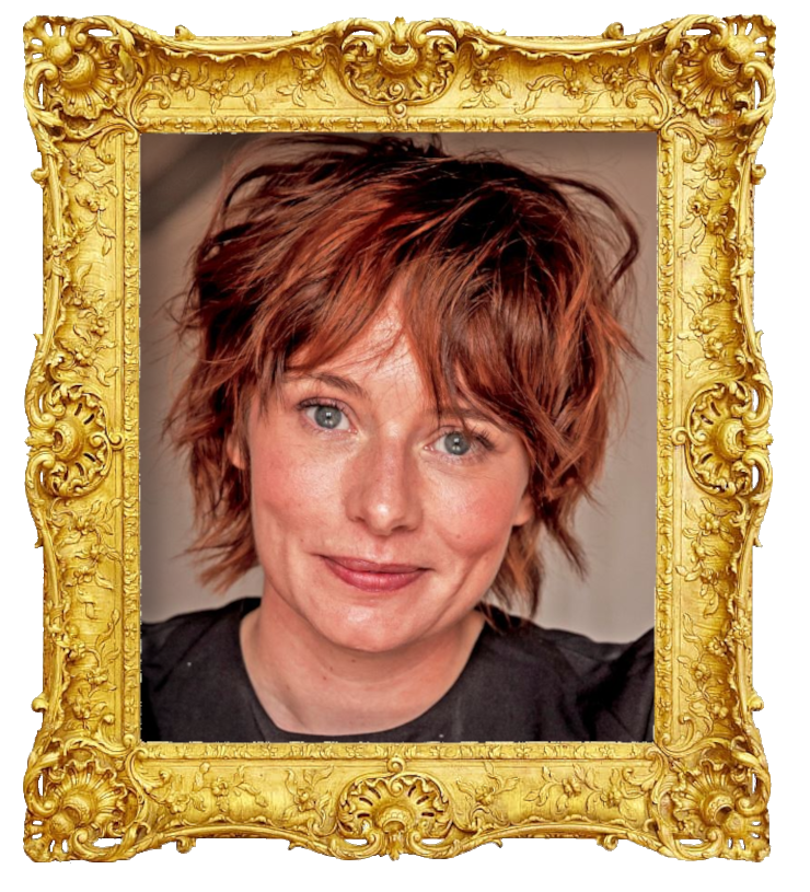 Headshot photo of Annika Aakjær surrounded with an ornate golden frame.