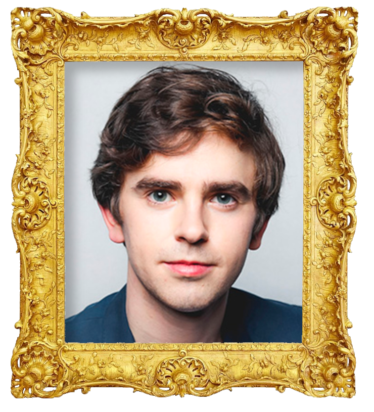 Headshot photo of Freddie Highmore surrounded with an ornate golden frame.