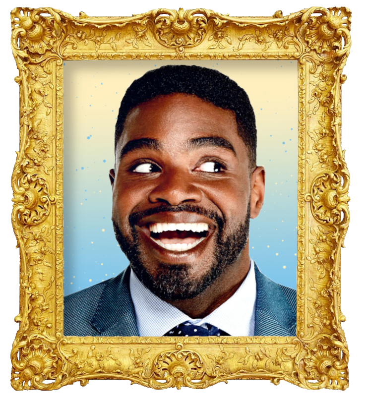 Headshot photo of Ron Funches surrounded with an ornate golden frame.