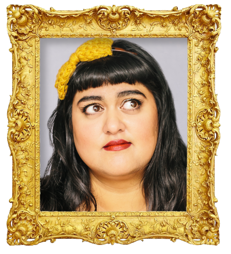 Headshot photo of Angella Dravid surrounded with an ornate golden frame.