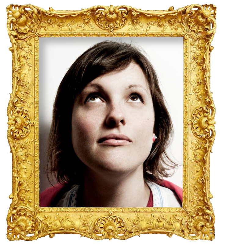 Headshot photo of Josie Long surrounded with an ornate golden frame.