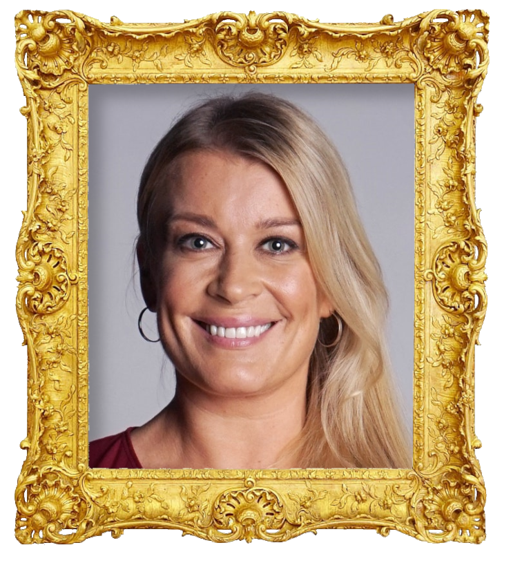 Headshot photo of Kirsi Alm-Siira surrounded with an ornate golden frame.