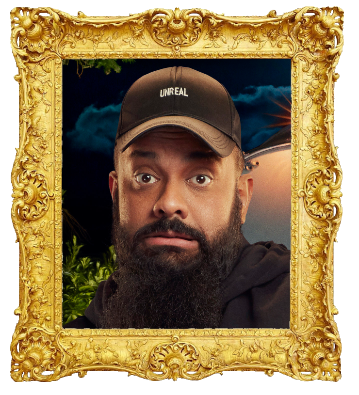 Headshot photo of Guz Khan surrounded with an ornate golden frame.