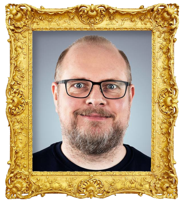 Headshot photo of Steinar Sagen surrounded with an ornate golden frame.