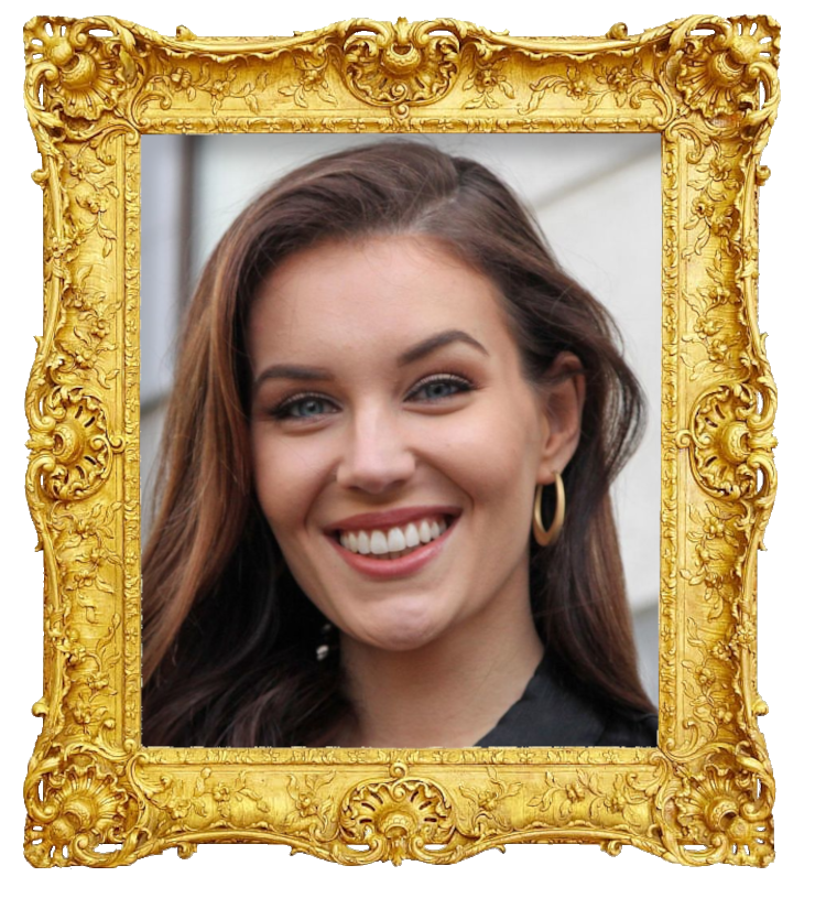 Headshot photo of Michaela Söderholm surrounded with an ornate golden frame.