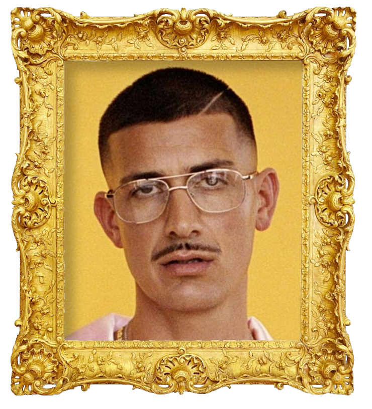 Headshot photo of Tobias Rahim surrounded with an ornate golden frame.