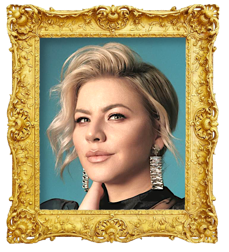 Headshot photo of Ana Begic Tahiri (aka Bega) surrounded with an ornate golden frame.