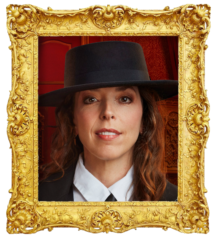 Headshot photo of Bridget Christie surrounded with an ornate golden frame.