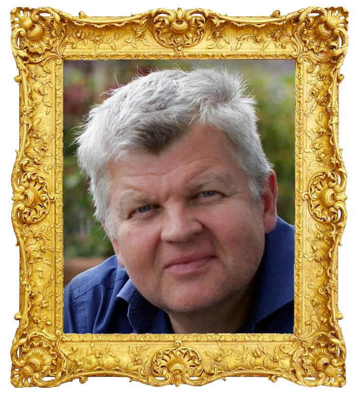 Headshot photo of Adrian Chiles surrounded with an ornate golden frame.