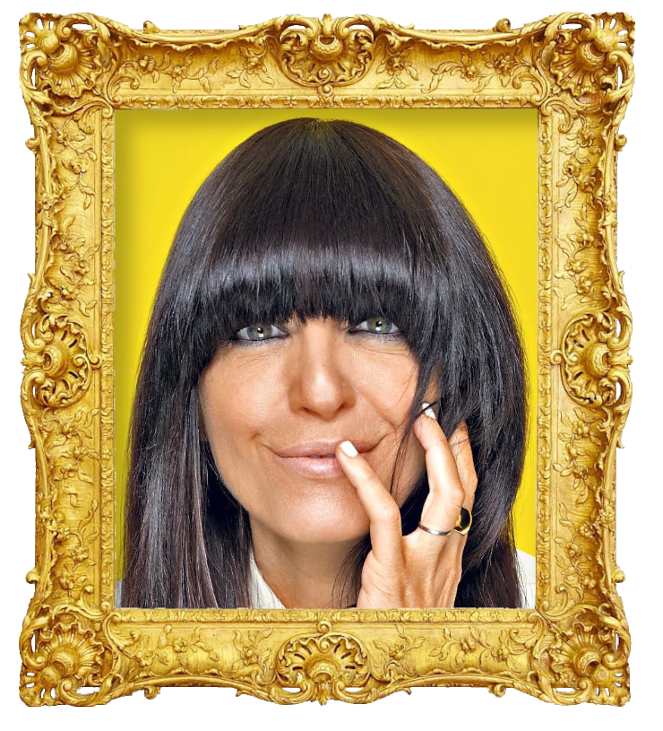 Headshot photo of Claudia Winkleman surrounded with an ornate golden frame.