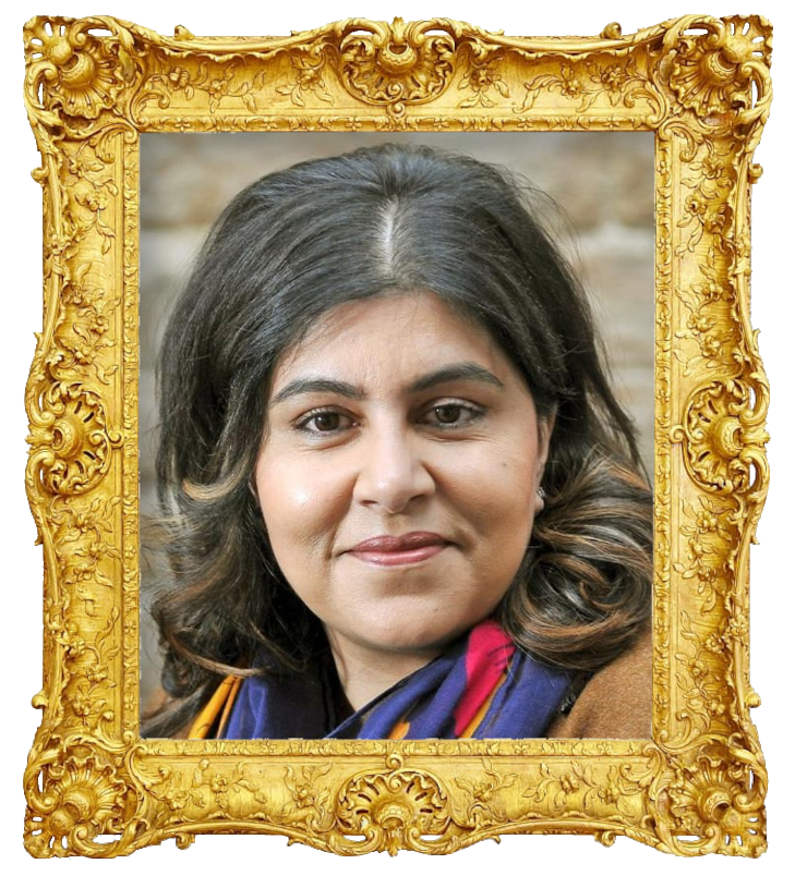 Headshot photo of Sayeeda Warsi surrounded with an ornate golden frame.