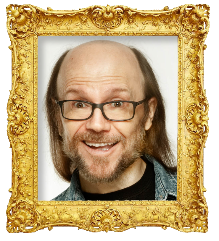 Headshot photo of Santiago Segura surrounded with an ornate golden frame.