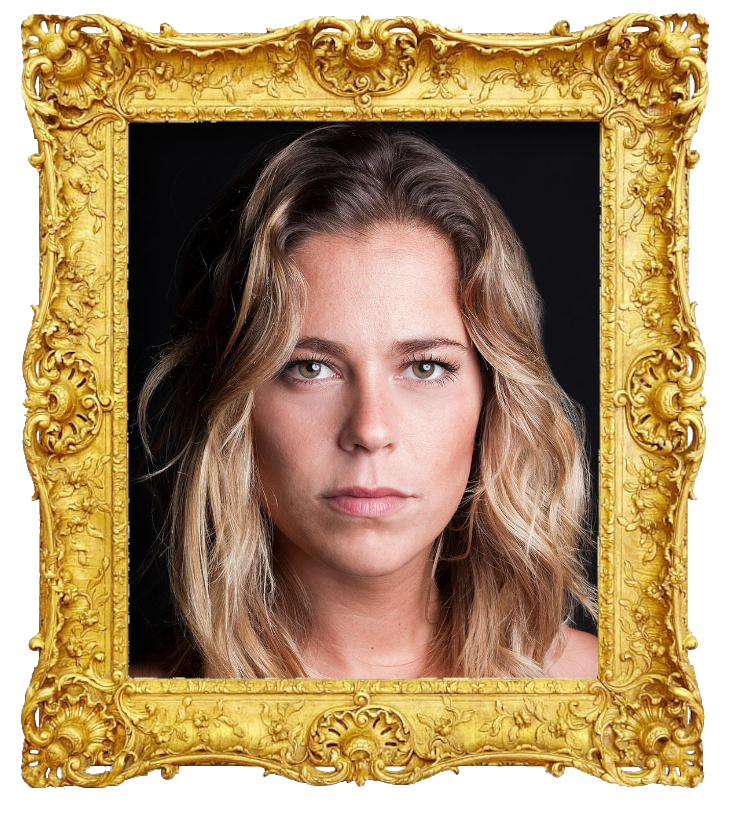 Headshot photo of Inês Aires Pereira surrounded with an ornate golden frame.