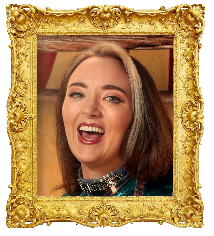 Headshot photo of Fern Brady surrounded with an ornate golden frame.