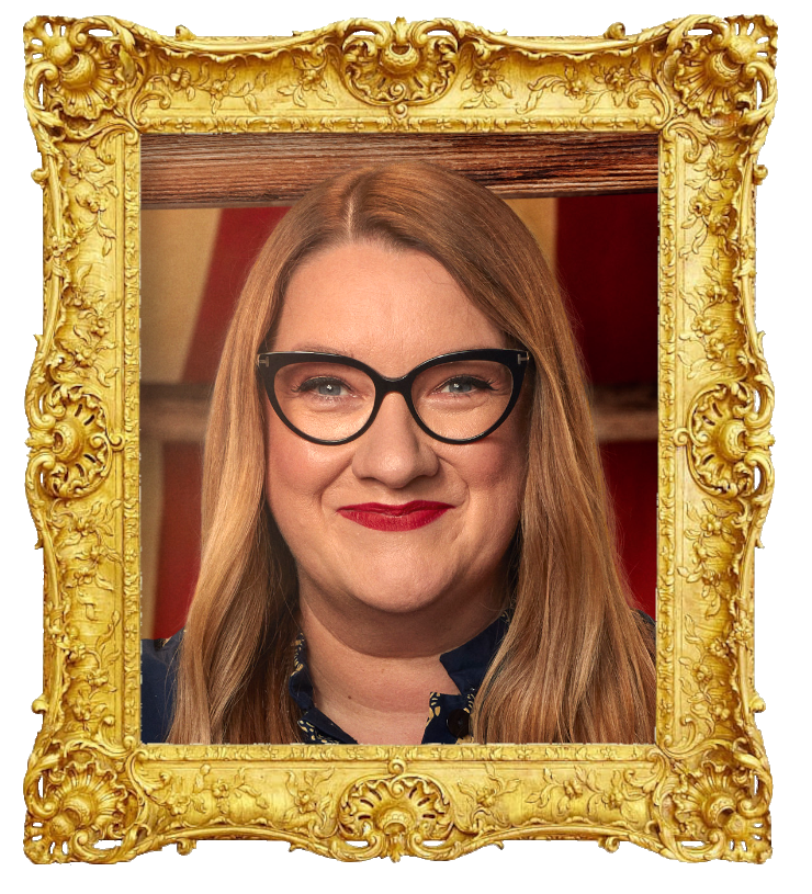 Headshot photo of Sarah Millican surrounded with an ornate golden frame.