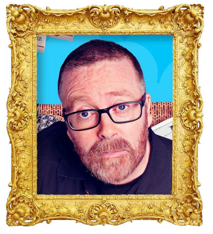 Headshot photo of Frankie Boyle surrounded with an ornate golden frame.