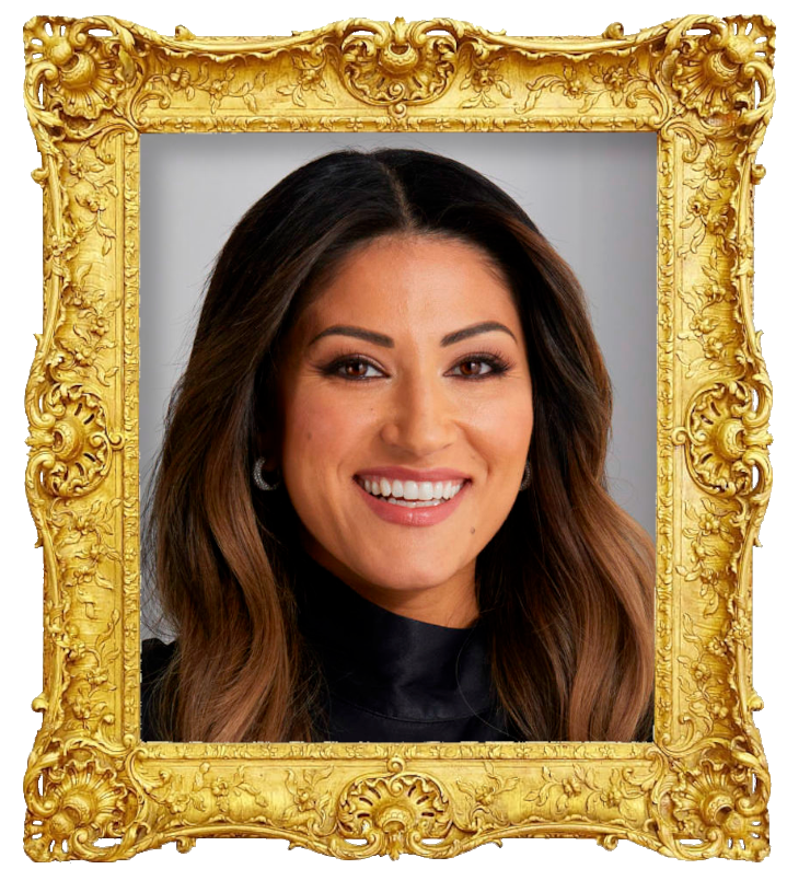 Headshot photo of Nikki Amini surrounded with an ornate golden frame.