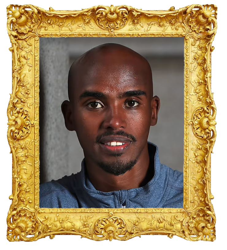 Headshot photo of Mo Farah surrounded with an ornate golden frame.