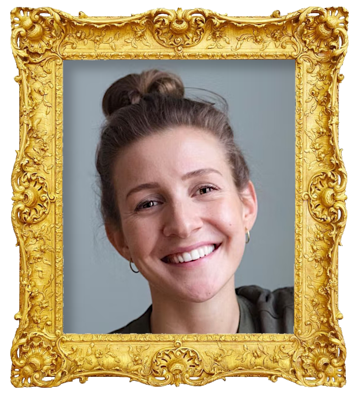 Headshot photo of Karin Klouman surrounded with an ornate golden frame.