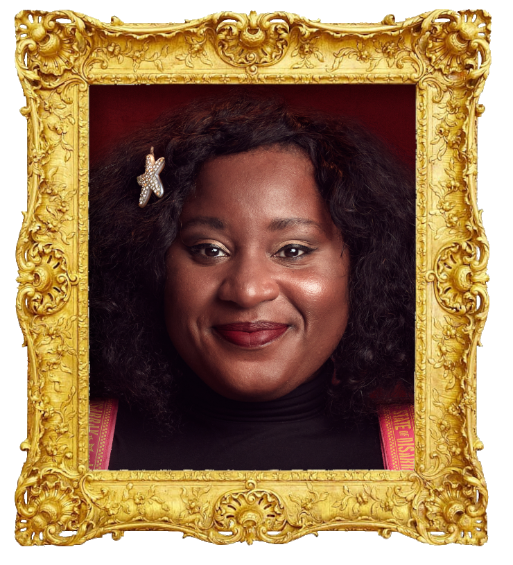 Headshot photo of Susan Wokoma surrounded with an ornate golden frame.